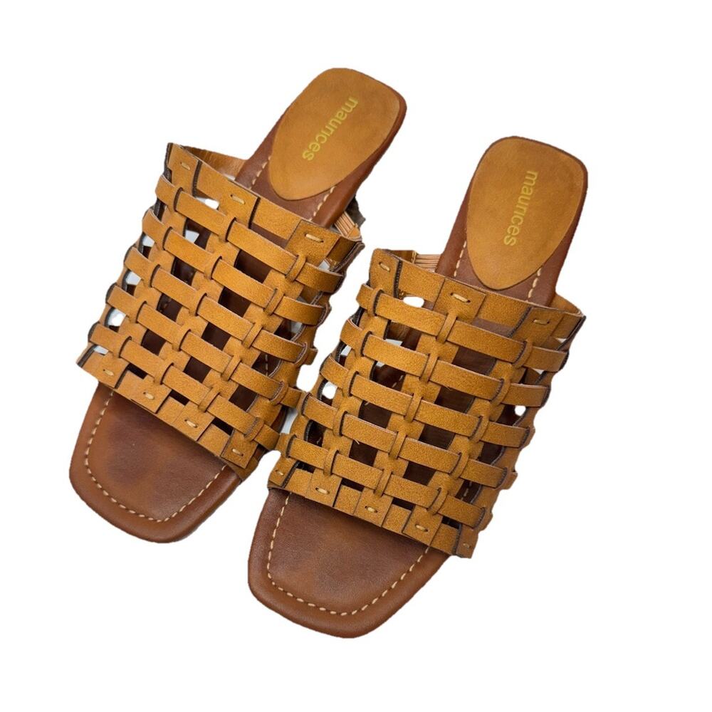 Maurices Block Heel Sandals Brown Trendy Basket Weave Womens Sz 8 Peyton